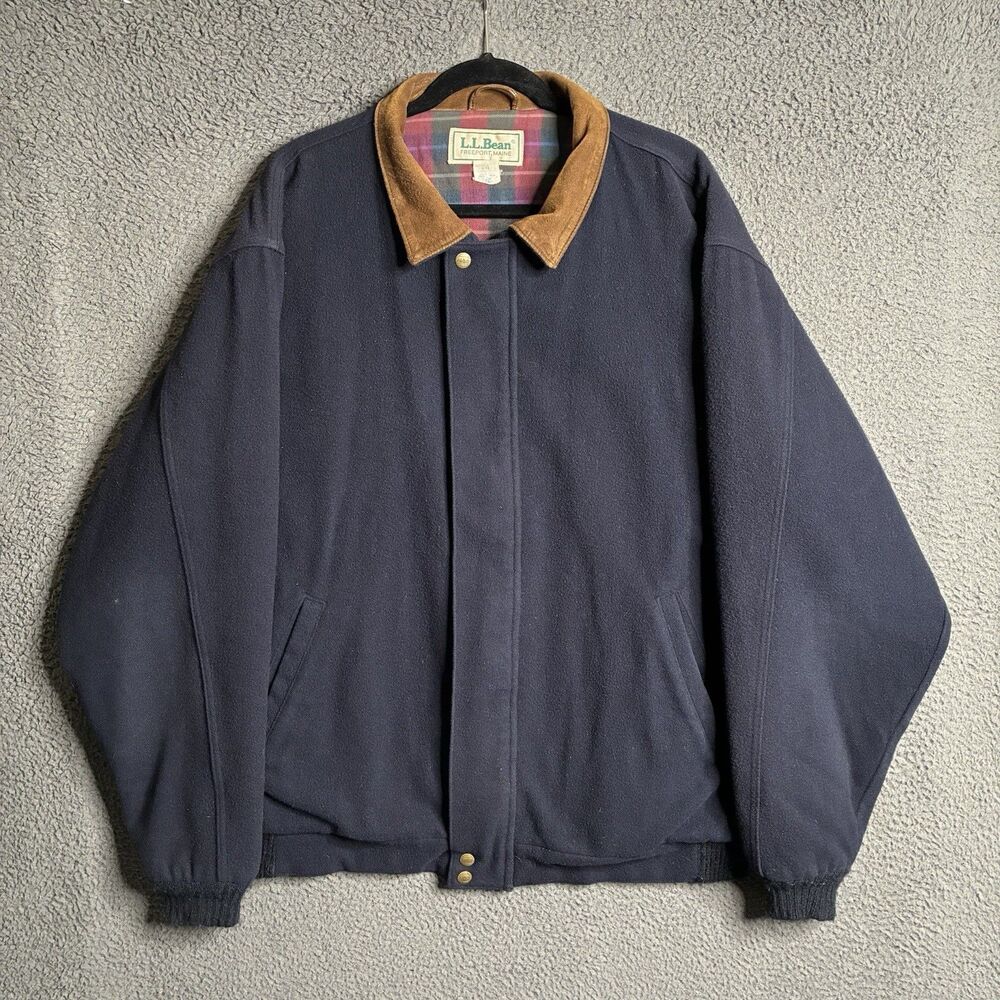 Vintage 90s LL Bean Wool Jacket Mens XL Lined Suede Collar Coat USA